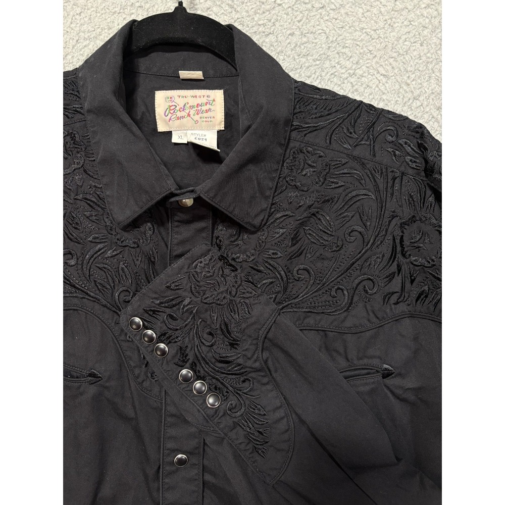 Rockmount Wear Mens XL Tall Black Embroidered Floral Western Pearl Snap Shirt